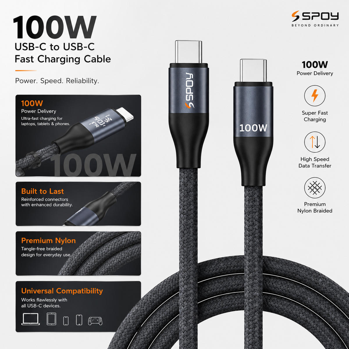 SPOY NYLON BRAIDED 100W Type-C to Type-C Cable