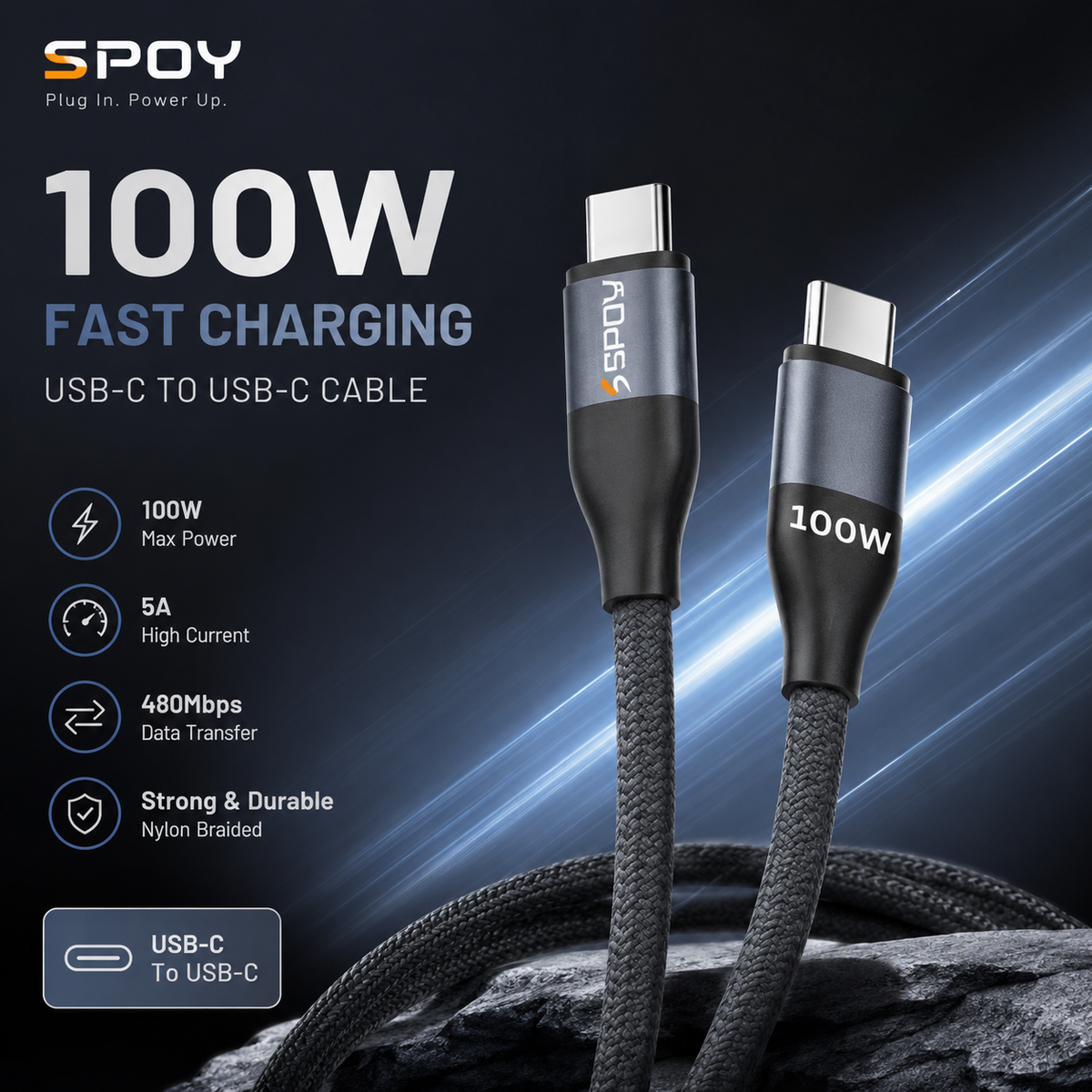SPOY NYLON BRAIDED 100W Type-C to Type-C Cable