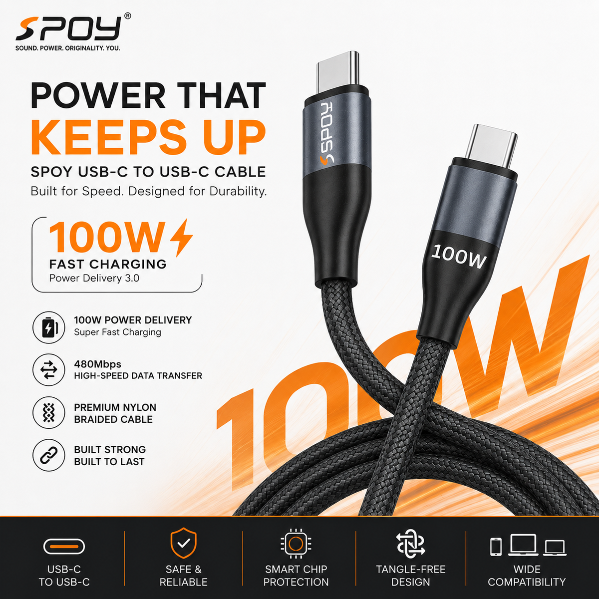 SPOY NYLON BRAIDED 100W Type-C to Type-C Cable
