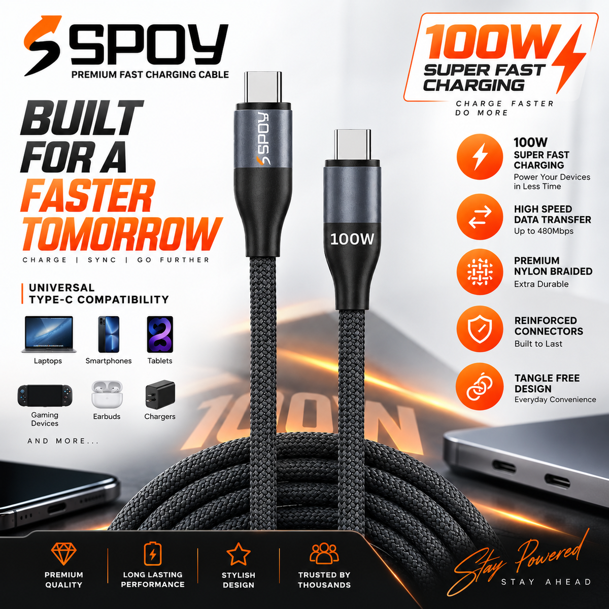 SPOY NYLON BRAIDED 100W Type-C to Type-C Cable