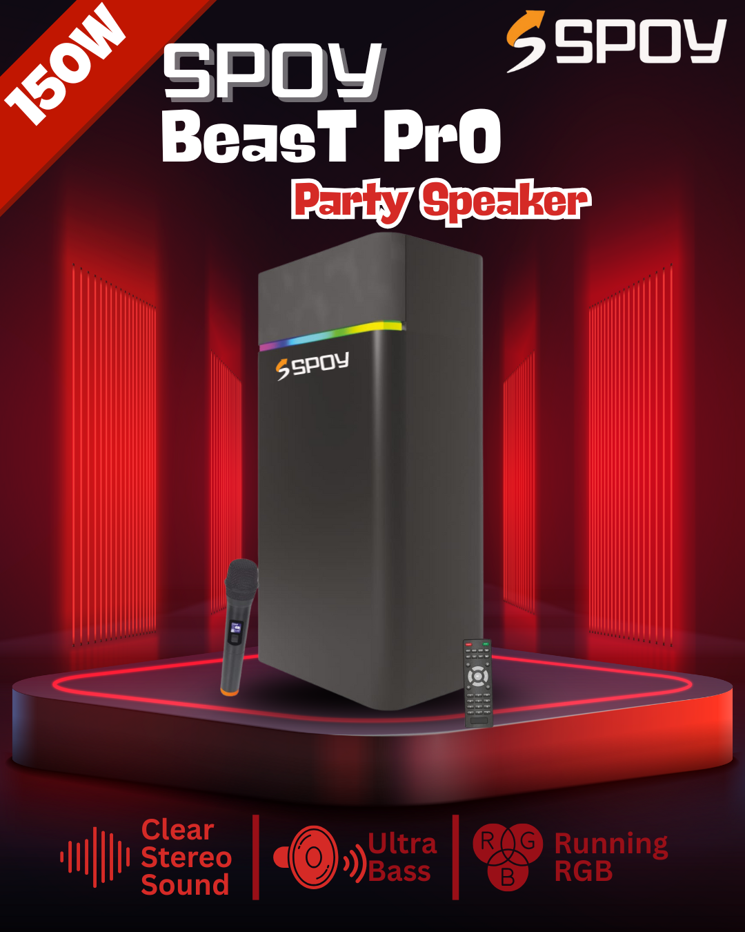 Spoy Beast Pro 150W Party Speaker with In-built RGB Lights & Wireless Mic (LTS-705)