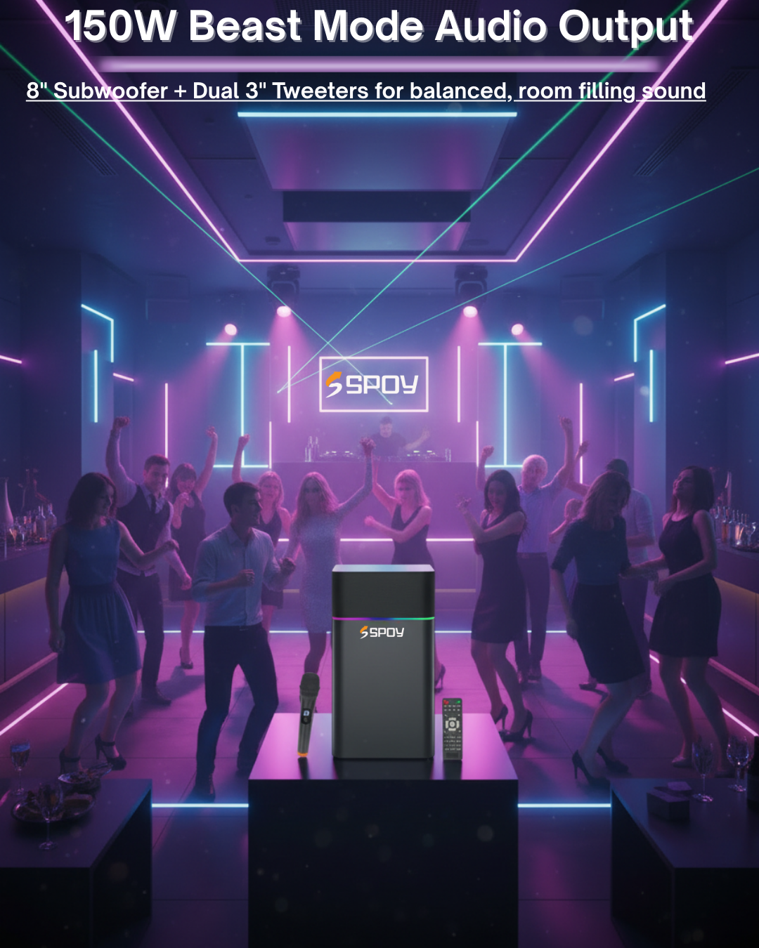 Spoy Beast Pro 150W Party Speaker with In-built RGB Lights & Wireless Mic (LTS-705)